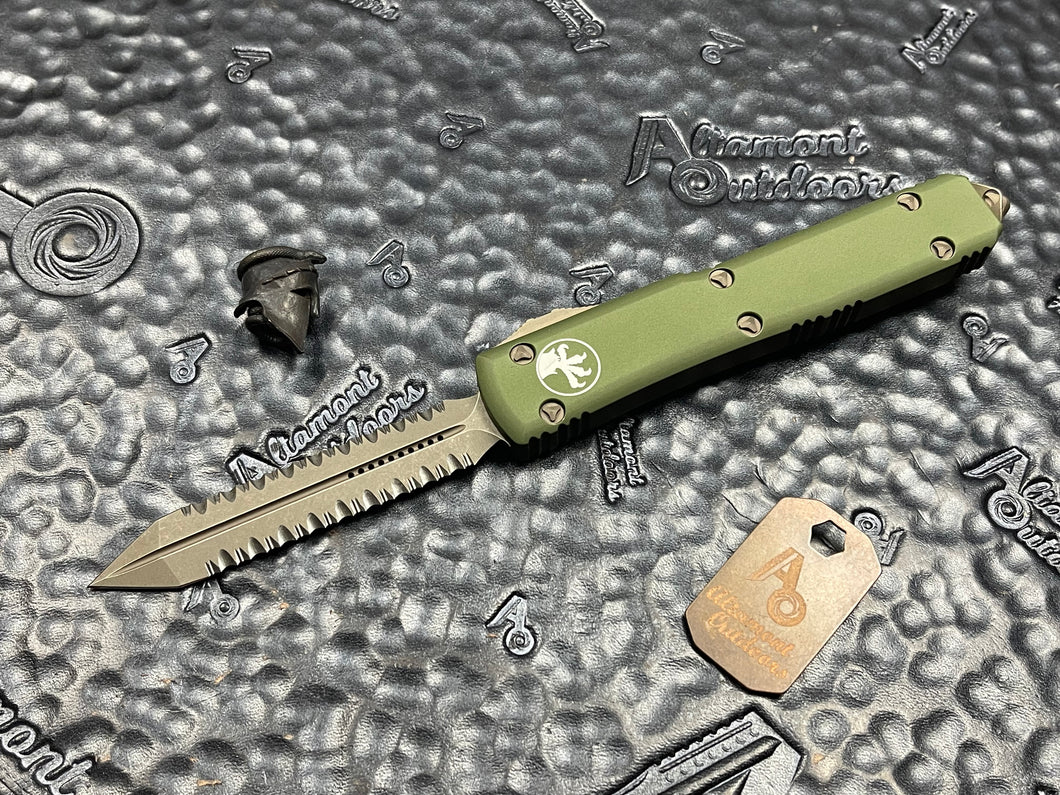 Microtech Ultratech Spartan 223-D15OD OD Green Handle, Bronze Double Edge Full Serrated both sides
