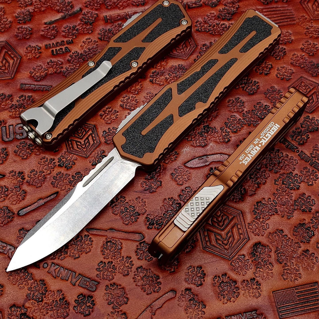 Heretic Knives Colossus Stonewashed S/E, Rootbeer handle, Standard Clip & Hardware H039-2A-RB