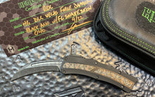 Heretic Knives Custom "Roc" Brass and Copper Fat Carbon Snakeskin Inlay,  Curved Vegas Forge DLC Damascus