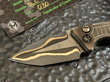 Heretic Knives Custom MEDUSA Auto Baker Forge Volcanic River Damascus Tanto,  DLC Titanium Frag pattern handle, DLC hardware, DLC and hand satin clip with Fat Carbon Snakeskin inlay, DLC and FC Snakeskin button