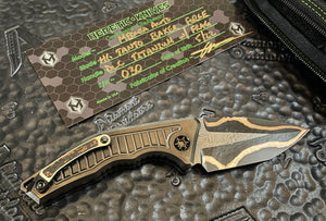 Heretic Knives Custom MEDUSA Auto Baker Forge Volcanic River Damascus Tanto,  DLC Titanium Frag pattern handle, DLC hardware, DLC and hand satin clip with Fat Carbon Snakeskin inlay, DLC and FC Snakeskin button