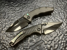 Heretic Knives Custom MEDUSA Auto Hand Ground Stealth Polish Elmax Tanto with DLC Titanium with Frag Pattern, Abalone Inlaid clip with DLC Hardware and DLC Inlaid Abalone Button