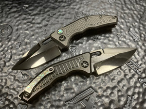 Heretic Knives Custom MEDUSA Auto Hand Ground Stealth Polish Elmax Tanto with DLC Titanium with Frag Pattern, Abalone Inlaid clip with DLC Hardware and DLC Inlaid Abalone Button