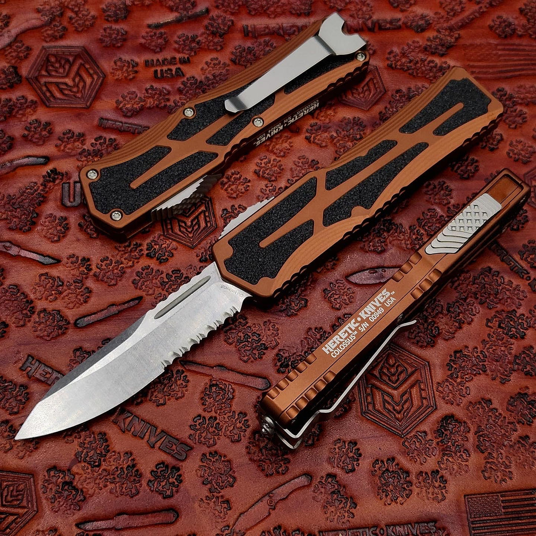 Heretic Knives Colossus Stonewashed S/E Part Serrated, Root Beer handle, Standard Clip & Hardware H039-2B-RB
