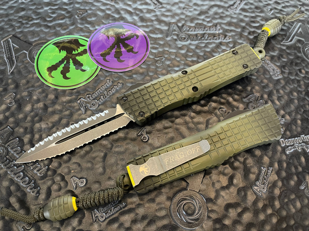 Microtech Combat Troodon FRAG OFF Grenade Green Apocalyptic Reverse Double Double Full Serrated 142-DR12 APFOGG