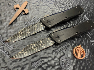 Marfione Custom Combat Troodon Bowie Hot Blued Web Pattern Damascus, Hefted Black Aluminum with Dagger Relief & DLC Ringed Hardware