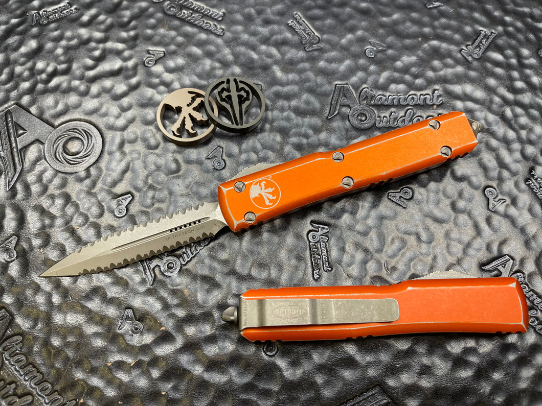 Microtech Ultratech 122-D12DOR Distressed Orange Apocalyptic Double Edge Full Serrated both sides (Double Double)