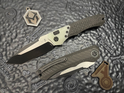 Heretic Knives Wraith Auto Battleworn Black Tanto, Carbon Fiber Handle with Jade G-10 Bolster.  H100-8A-Jade