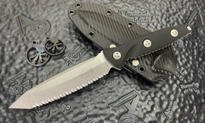 Microtech Socom Alpha Tanto Fixed Blade Knife Black handle, Stonewashed Full Serrated 114-12
