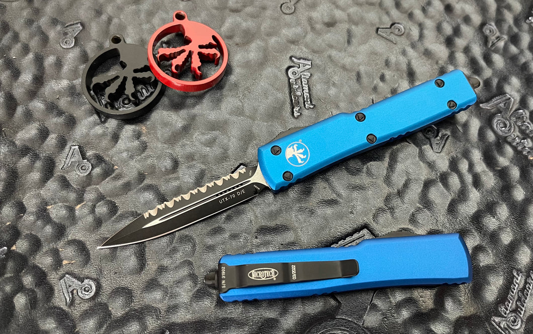 Microtech UTX-70 Double Edge Full Serrated  Blue 147-3BL