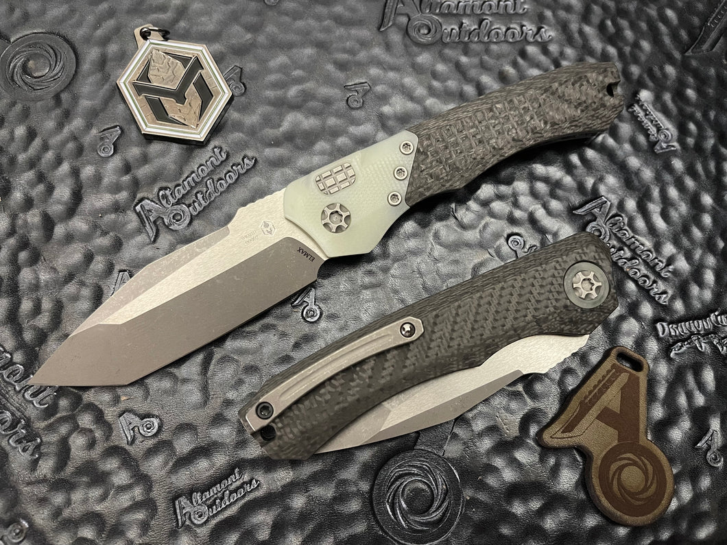 Heretic Knives Wraith Auto Battleworn Tanto, Carbon Fiber Handle with Jade G-10 Bolster.   H100-5A-Jade